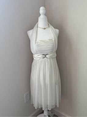 City Triangles Cream One-Shoulder Chiffon Cocktail Dress with Rhinestone Accent